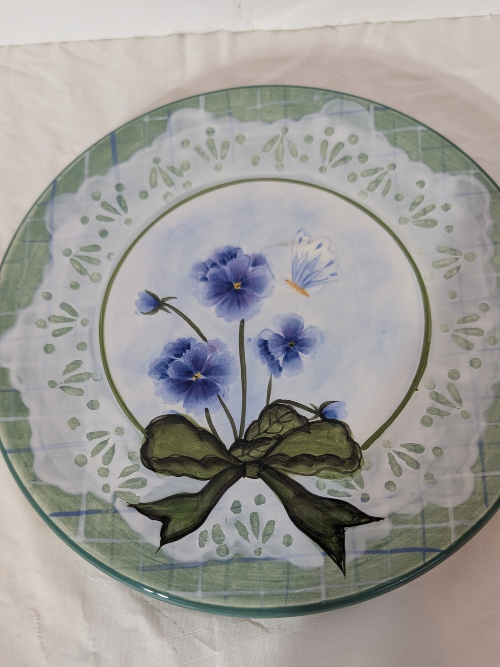 Kathy Hatch 2003 Collection Ceramic Purple Pansy w/Green Gingham Print Trivet